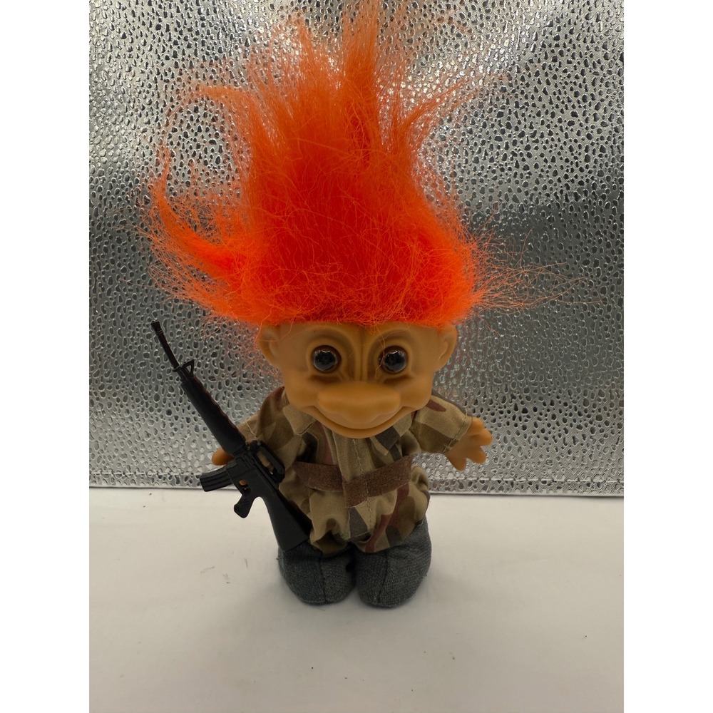Vintage Troll Doll Orange Hair Camo Outfit Toy Gun‎ Collectible Figurine